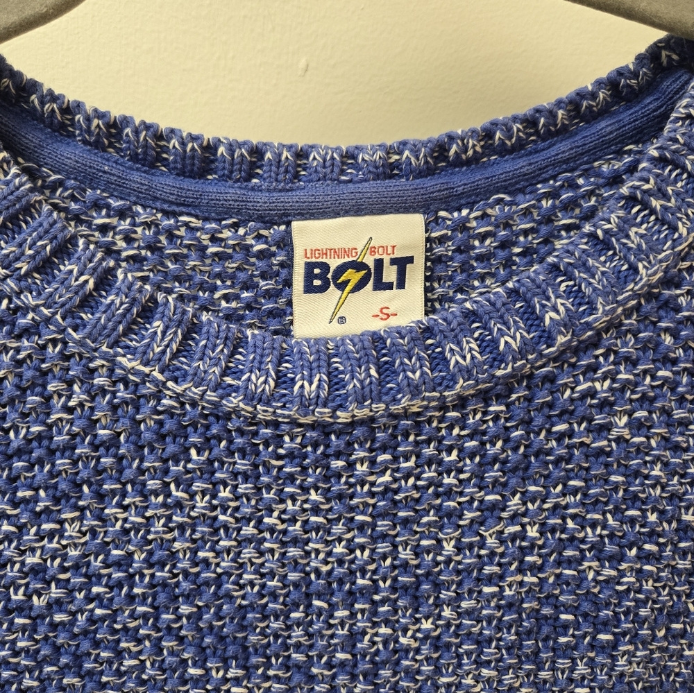 Lightning Bolt “A Pure Source” Blue Knit Cotton Crewneck Sweater • Small • Surf - Picture 2 of 6